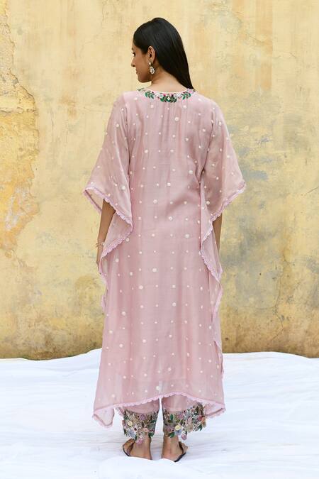 Shop_Label Niti Bothra_Pink Silk Embroidery V-neck Rosette Kaftan _at_Aza_Fashions