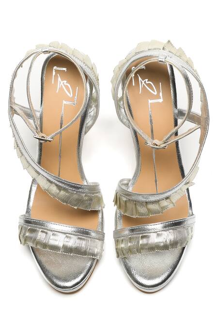 Shop_Nidhi Bhandari_Silver Fringe Frill Detailed Strappy Heels _at_Aza_Fashions