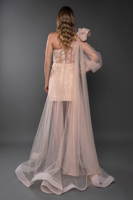 Shop_Anjum Qureshi_Peach Net Hand Embroidered Sequin One Shoulder Dress _at_Aza_Fashions