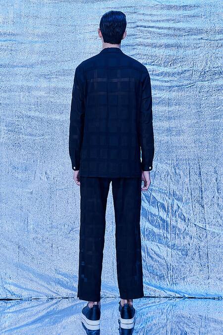 Shop_Line Out Line_Black Jacquard Cotton Embroidery Cutdana Window Pane Shirt_at_Aza_Fashions