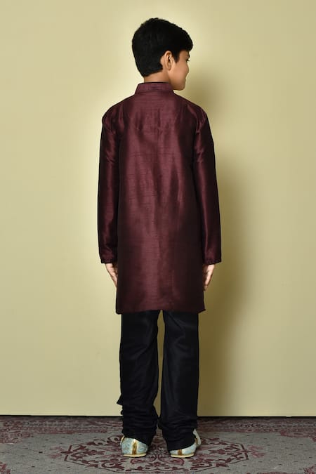 Shop Petite Pomme Wine Silk Full Sleeve Half Button Placket Kurta at Aza Fashions Shop_Petite Pomme_Wine Silk Full Sleeve Half Button Placket Kurta _at_Aza_Fashions