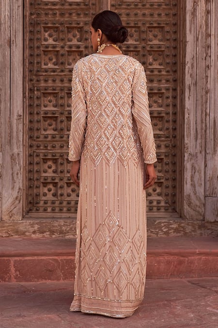 Shop_Nidhika Shekhar_Beige Silk, Crepe, Georgette Subh Bela Geometric Embroidered Cape Saree Set _at_Aza_Fashions