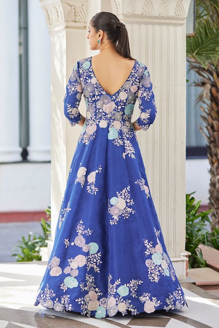 Shop_Osaa By Adarsh_Blue Organza Embroidery Floral Applique V Neck Flower Gown  _at_Aza_Fashions