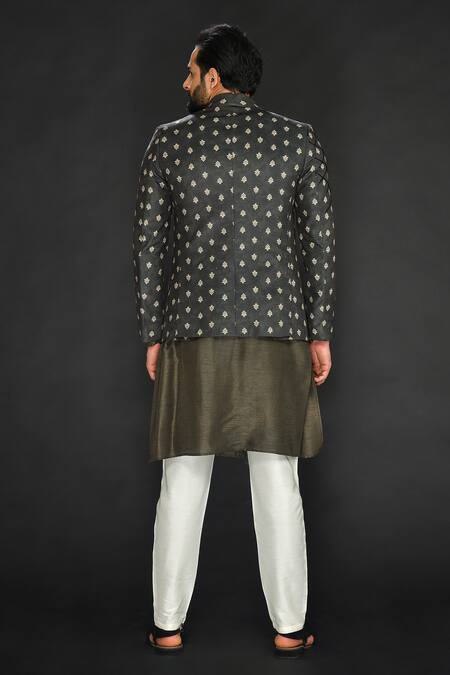 Shop Sammohan Ceremonial Green Vis Silk And Spun Lining 100% Woven & Blazer & Kurta Set at Aza Fashions Shop_Sammohan Ceremonial_Green Vis Silk And Spun Lining 100% Woven & Blazer & Kurta Set_at_Aza_Fashions