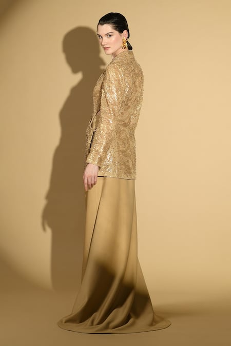 Shop Geisha Designs Gold Nylon Embroidered Sequins Shawl Lapel Jacket And Long Skirt Set at Aza Fashions Shop_Geisha Designs_Gold Nylon Embroidered Sequins Shawl Lapel Jacket And Long Skirt Set _at_Aza_Fashions
