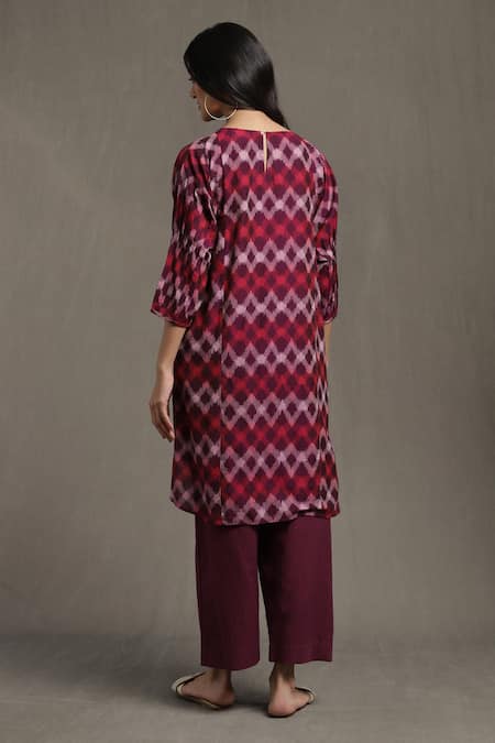 Shop_Ritu Kumar_Purple Cotton Round Neck Pintucked Ikat Kurta And Palazzo Set _at_Aza_Fashions