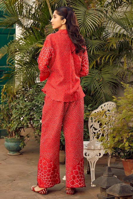 Shop Twenty Nine Red Crepe Embroidery Collared Bandhani Pattern Peplum Shirt at Aza Fashions Shop_Twenty Nine_Red Crepe Embroidery Collared Bandhani Pattern Peplum Shirt _at_Aza_Fashions