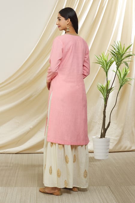 Shop Peenacolada Pink Cotton, Muslin Gota Patti, Foil Embroidered Placket Kurta Gharara Set at Aza Fashions Shop_Peenacolada_Pink Cotton, Muslin Gota Patti, Foil Embroidered Placket Kurta Gharara Set _at_Aza_Fashions