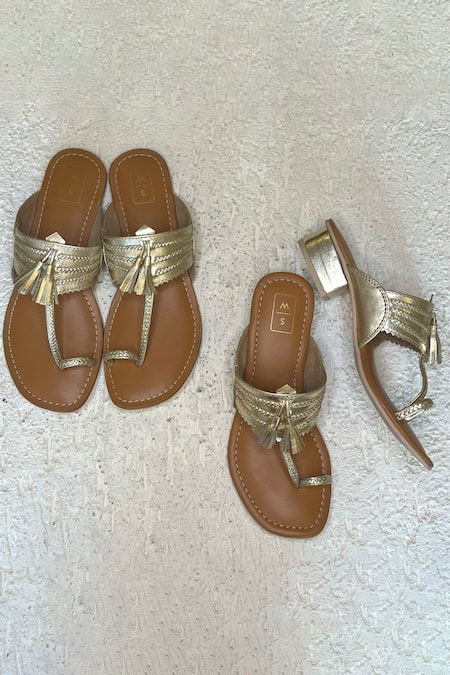 Shop Sandalwali Gold Tassels Sonya Metallic Kolhapuri Heels at Aza Fashions Shop_Sandalwali_Gold Tassels Sonya Metallic Kolhapuri Heels _at_Aza_Fashions