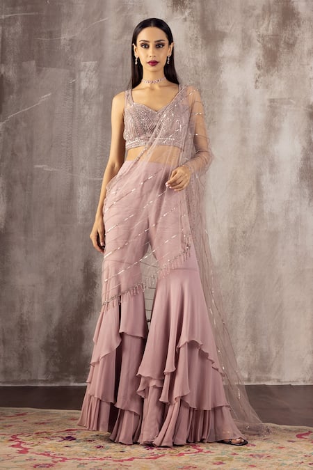 Shop Jigar Mali Purple Georgette, Net, Satin Sequins, Embroidery Gharara Saree With Blouse at Aza Fashions Shop_Jigar Mali_Purple Georgette, Net, Satin Sequins, Embroidery Gharara Saree With Blouse_at_Aza_Fashions