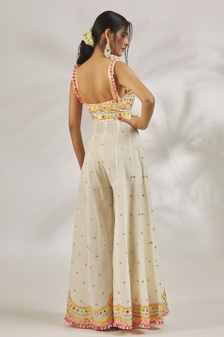 Gopi Vaid_Ivory Organic Cotton Embroidery Thread V Neck Raha Jumpsuit  _Online_at_Aza_Fashions