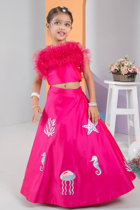 Shop_Hoity Moppet_Fuchsia Silk, Satin Embroidery Sea Breeze Motif Applique Lehenga And Blouse Set _at_Aza_Fashions