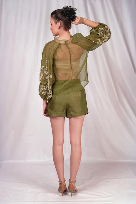 Shop Seesa Green Organza, Silk Applique Bandeau Neck Sheer Sleeve Top at Aza Fashions Shop_Seesa_Green Organza, Silk Applique Bandeau Neck Sheer Sleeve Top _at_Aza_Fashions