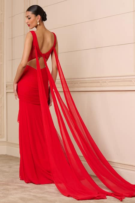 Shop Tarun Tahiliani Red Silk, Chiffon Crystals V-neck Work Draped Corset Gown at Aza Fashions Shop_Tarun Tahiliani_Red Silk, Chiffon Crystals V-neck Work Draped Corset Gown_at_Aza_Fashions