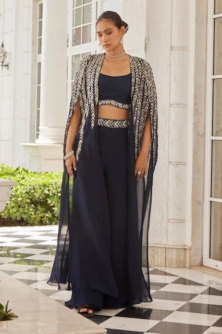 Charu And Vasundhara Sumlina Leaf Pattern Cape & Palazzo Set 
