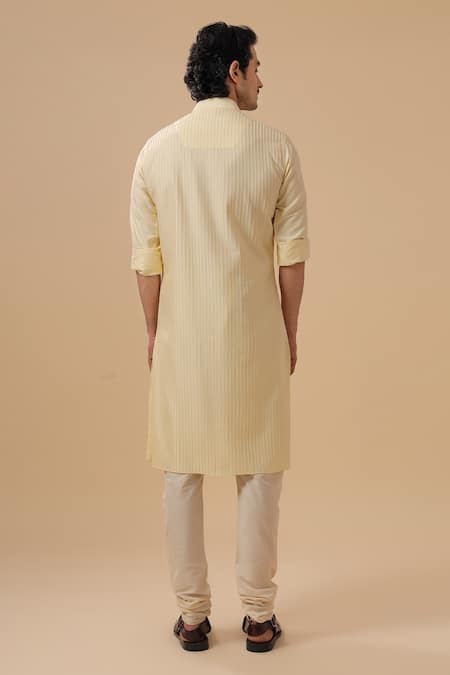 Shop Raghavendra Rathore Blue Yellow Silk Pleated Straight Kurta at Aza Fashions Shop_Raghavendra Rathore Blue_Yellow Silk Pleated Straight Kurta _at_Aza_Fashions