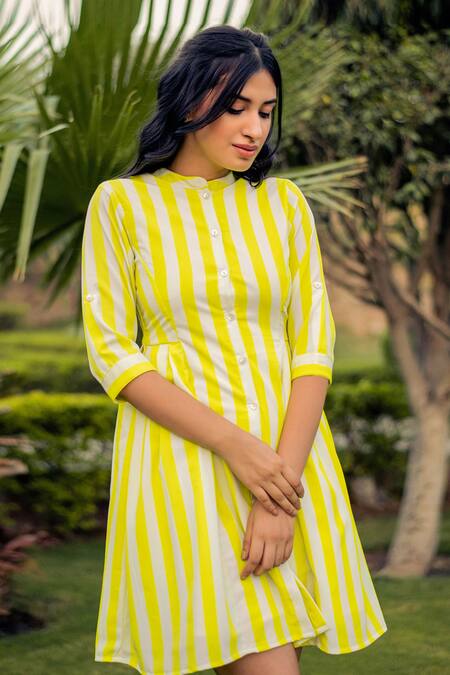 Shop B'Infinite White Cotton Mandarin Collar Vertical Pattern Dress at Aza Fashions Shop_B'Infinite_White Cotton Mandarin Collar Vertical Pattern Dress_at_Aza_Fashions