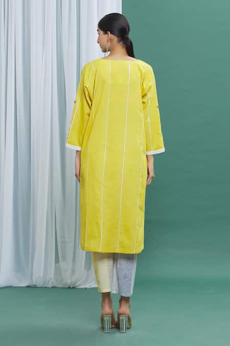 Shop Banana Labs Yellow Cotton Stripes Round Printed Kurta And Pant Set at Aza Fashions Shop_Banana Labs_Yellow Cotton Stripes Round Printed Kurta And Pant Set _at_Aza_Fashions