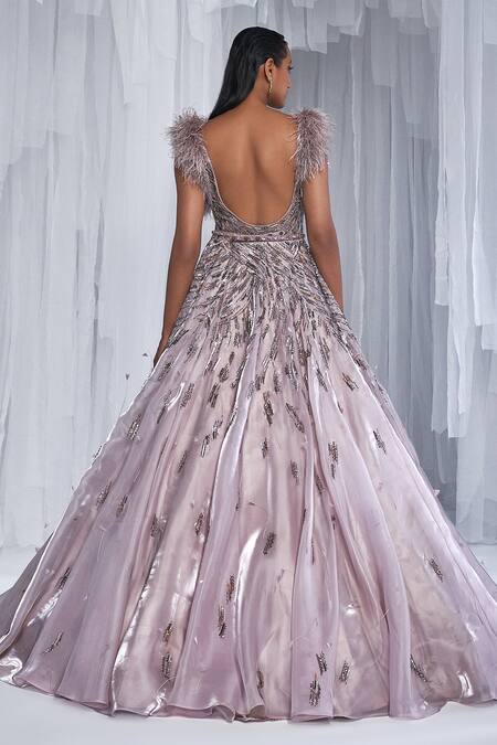 Shop Dolly J Silver Organza Embellished Sequins Plunge V Nicolette Gown With Belt at Aza Fashions Shop_Dolly J_Silver Organza Embellished Sequins Plunge V Nicolette Gown With Belt _at_Aza_Fashions