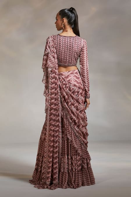 Divya Aggarwal_Pink Blouse Georgette Saree Chiffon Beads Rosario Pre-draped With _Online_at_Aza_Fashions