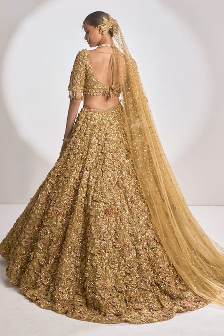 Shop_Seema Gujral_Gold Net Floral Sweetheart Neck Metallic Embroidered Bridal Lehenga Set _at_Aza_Fashions