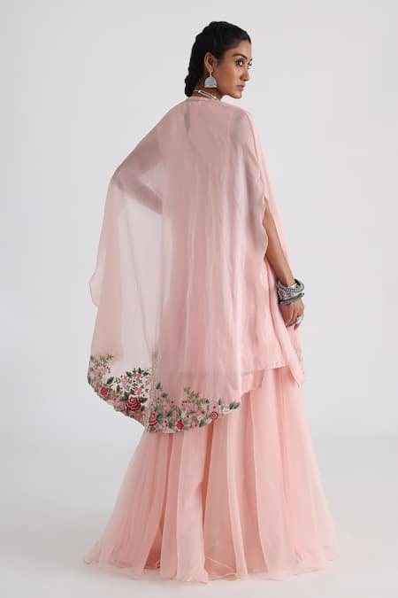 Shop_Smriti By Anju Agarwal_Pink Bamboo, Organza, Satin, Taffeta Embroidery Round Floral Cape And Sharara Set _at_Aza_Fashions