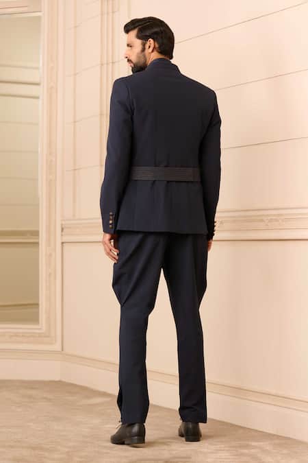 Shop Tarun Tahiliani Blue Cotton Satin, Jersey Beads Textured Bandhgala And Jodhpuri Trouser Set at Aza Fashions Shop_Tarun Tahiliani_Blue Cotton Satin, Jersey Beads Textured Bandhgala And Jodhpuri Trouser Set_at_Aza_Fashions