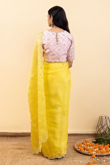 Shop_Pita Nila_Yellow Satin Silk Organza Embroidery Soha Cutwork Saree With Blouse  _at_Aza_Fashions