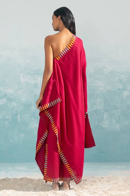 Shop_Ikai by Ragini Ahuja_Pink Cotton Silk Chanderi Applique One Shoulder Nile Tunic  _at_Aza_Fashions