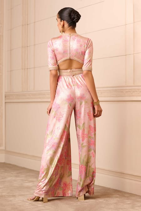 Shop_Tarun Tahiliani_Purple Polyester Embroidery V-neck Floral Print Jumpsuit_at_Aza_Fashions