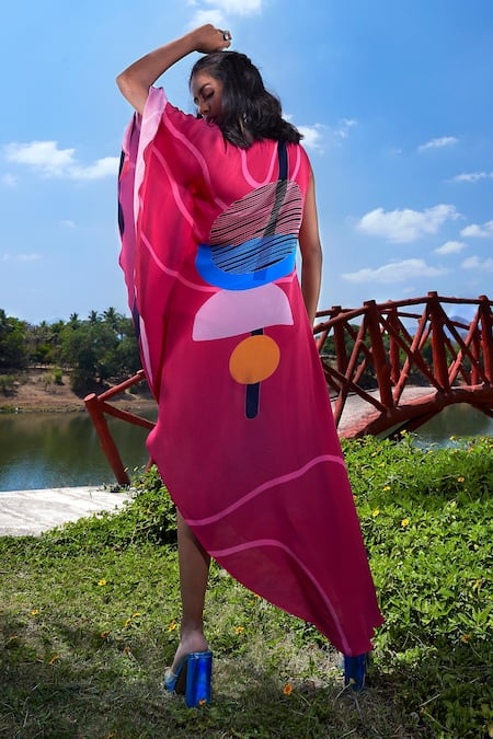 Shop_Babita Malkani_Pink Crepe Round Neck Abstract Print Kaftan Dress _at_Aza_Fashions