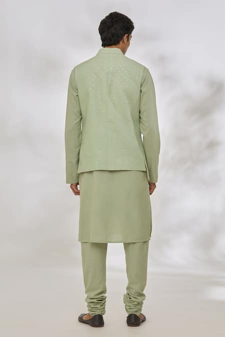 Shop Manish Nagdeo Green Cotton, Silk Mint Geometric Bundi And Kurta Set at Aza Fashions Shop_Manish Nagdeo_Green Cotton, Silk Mint Geometric Bundi And Kurta Set _at_Aza_Fashions