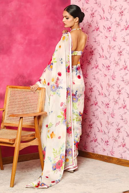 Shop_Dohr India_White Saree Organza Printed Floristry With Unstitched Blouse Piece _at_Aza_Fashions