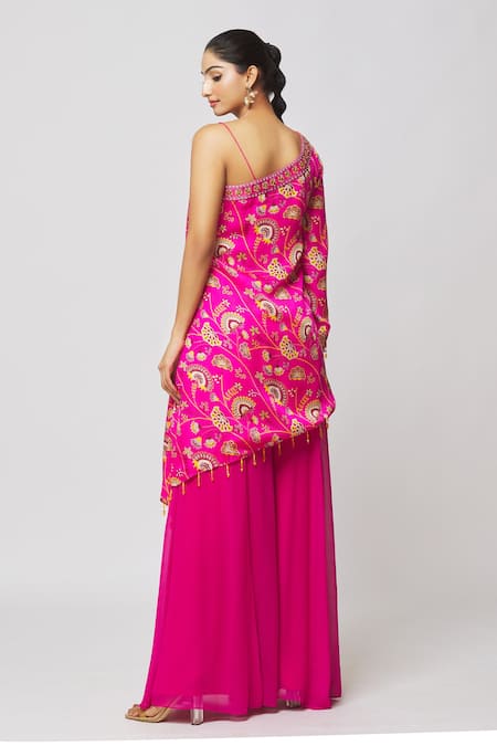 Shop Diyarajvvir Fuchsia Georgette, Modal, Linen Tassels, Floral Jaal Print Kaftan And Sharara Set at Aza Fashions Shop_Diyarajvvir_Fuchsia Georgette, Modal, Linen Tassels, Floral Jaal Print Kaftan And Sharara Set _at_Aza_Fashions