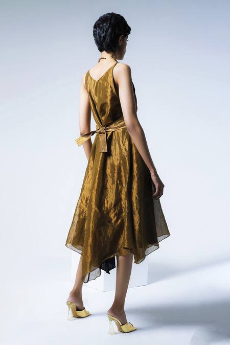 Shop Shorshe Clothing Gold Handloom Cotton V-neck Tent Goa Asymmetric Hem Dress at Aza Fashions Shop_Shorshe Clothing_Gold Handloom Cotton V-neck Tent Goa Asymmetric Hem Dress_at_Aza_Fashions