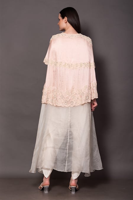 Shop Vara By Vibha N Priti Pink Silk Embroidery V-neck Hand Layered Tunic With Dhoti Pant at Aza Fashions Shop_Vara By Vibha N Priti_Pink Silk Embroidery V-neck Hand Layered Tunic With Dhoti Pant _at_Aza_Fashions