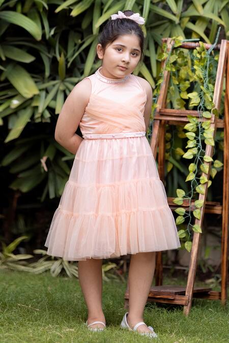 Shop_Darleen Kids Couture_Peach Net, Taffeta Sequins, Crystals Petra Embellished Neck Dress _at_Aza_Fashions
