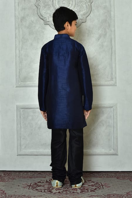 Shop Petite Pomme Blue Silk Navy Kurta And Black Churidar Set at Aza Fashions Shop_Petite Pomme_Blue Silk Navy Kurta And Black Churidar Set _at_Aza_Fashions