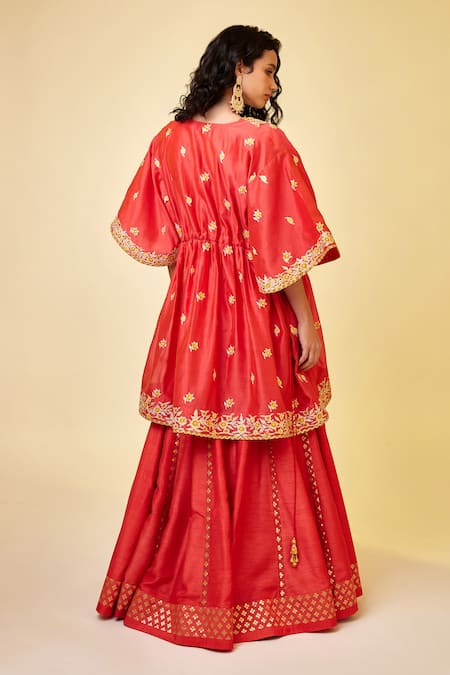 Shop Shyam Narayan Prasad Red Chanderi Silk, Denim Embroidery, Lace, Gota Thread And Work Kurta Skirt Set at Aza Fashions Shop_Shyam Narayan Prasad_Red Chanderi Silk, Denim Embroidery, Lace, Gota Thread And Work Kurta Skirt Set _at_Aza_Fashions