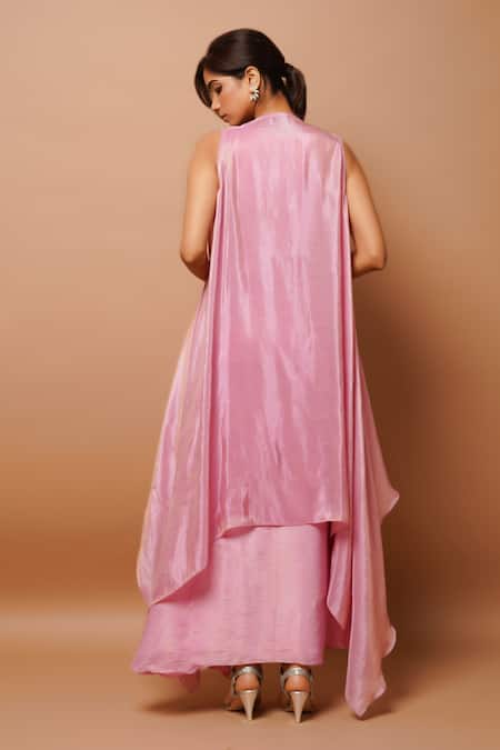 Shop Ahi Clothing Pink Tissue, Silk, Crepe Beads, Stones Border Embroidered Long Shrug And Skirt Set at Aza Fashions Shop_Ahi Clothing_Pink Tissue, Silk, Crepe Beads, Stones Border Embroidered Long Shrug And Skirt Set _at_Aza_Fashions