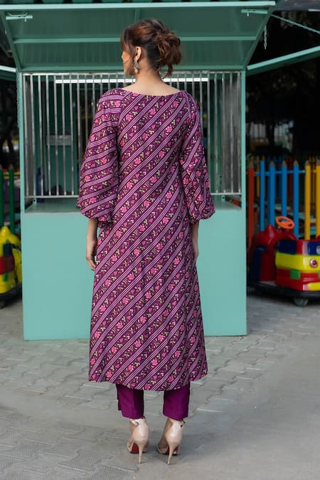 Shop Irrau By Samir Mantri Multi Color Denim, Silk Tassels Keyhole Floral Stripe Print Kurta And Trouser Set at Aza Fashions Shop_Irrau By Samir Mantri_Multi Color Denim, Silk Tassels Keyhole Floral Stripe Print Kurta And Trouser Set _at_Aza_Fashions