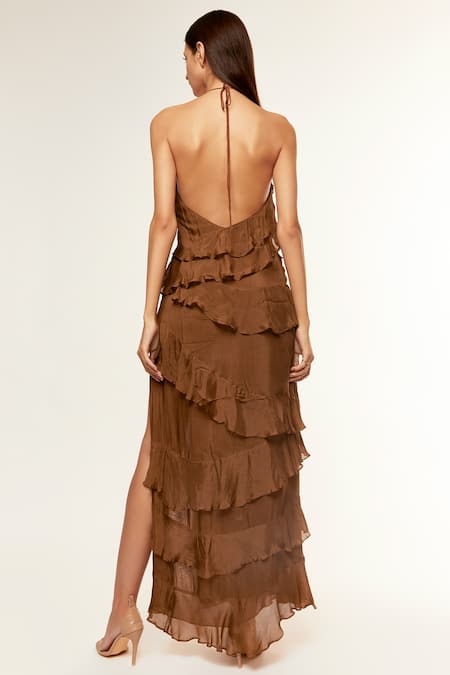 Deme By Gabriella Brown Chiffon Halter Neck Lisa Ruffle Layered Gown Online at Aza Fashions Deme By Gabriella_Brown Chiffon Halter Neck Lisa Ruffle Layered Gown _Online_at_Aza_Fashions