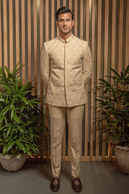 Shop Darshika Menswear Beige Silk Embroidery Bandhgala Set at Aza Fashions Shop_Darshika Menswear_Beige Silk Embroidery Bandhgala Set_at_Aza_Fashions