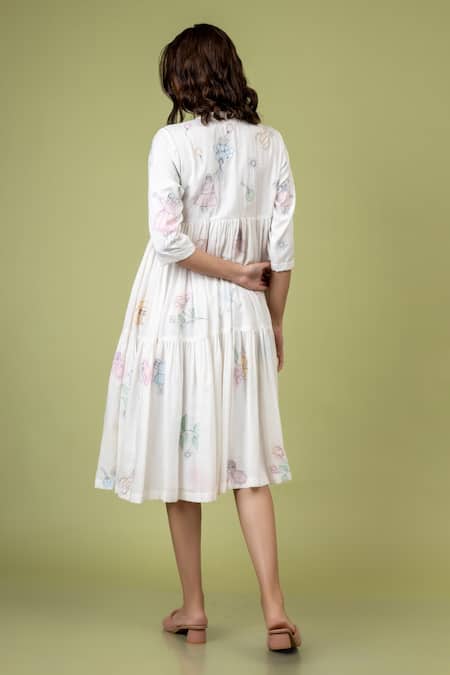 Shop Doodlage White Cotton Embroidery Round Neck Seville Abstract Front-open Dress at Aza Fashions Shop_Doodlage_White Cotton Embroidery Round Neck Seville Abstract Front-open Dress _at_Aza_Fashions