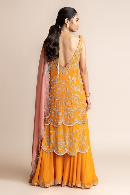 Shop_Nupur Kanoi_Orange Crepe, Georgette Studs, Pearls, Hand Embroidered Double Layered Kurta Set _at_Aza_Fashions