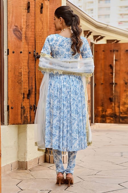 Shop Palak & Mehak Ivory Net, Crepe Embroidery, Sequins, Fringe Adah Floral Print Anarkali Set at Aza Fashions Shop_Palak & Mehak_Ivory Net, Crepe Embroidery, Sequins, Fringe Adah Floral Print Anarkali Set _at_Aza_Fashions