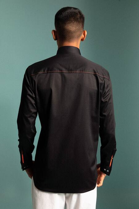 Shop Sahil Aneja Black Cotton Screen Print Lines Shirt at Aza Fashions Shop_Sahil Aneja_Black Cotton Screen Print Lines Shirt_at_Aza_Fashions