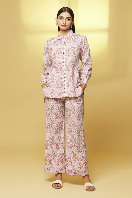 Shop Kalakaari By Sagarika Pink Cotton Lace Collared Floral Bloom Print Tunic With Pant at Aza Fashions Shop_Kalakaari By Sagarika_Pink Cotton Lace Collared Floral Bloom Print Tunic With Pant _at_Aza_Fashions