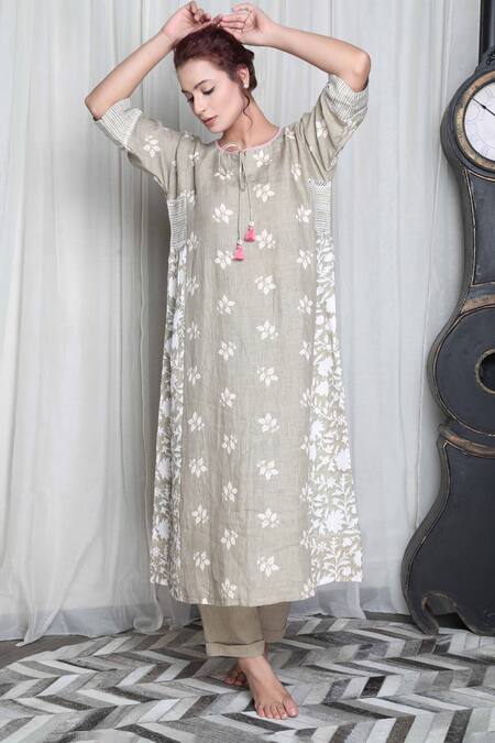 Shop_Falguni.Foram_Brown Gauze Linen Printed And Hand Embroidered Panelled Kurta & Pant Set  _at_Aza_Fashions
