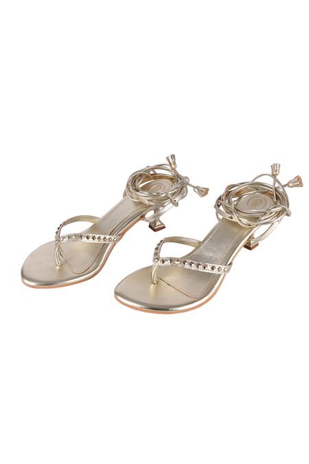 Shop PREET KAUR Gold Studs Tie-up Heels at Aza Fashions Shop_PREET KAUR_Gold Studs Tie-up Heels_at_Aza_Fashions
